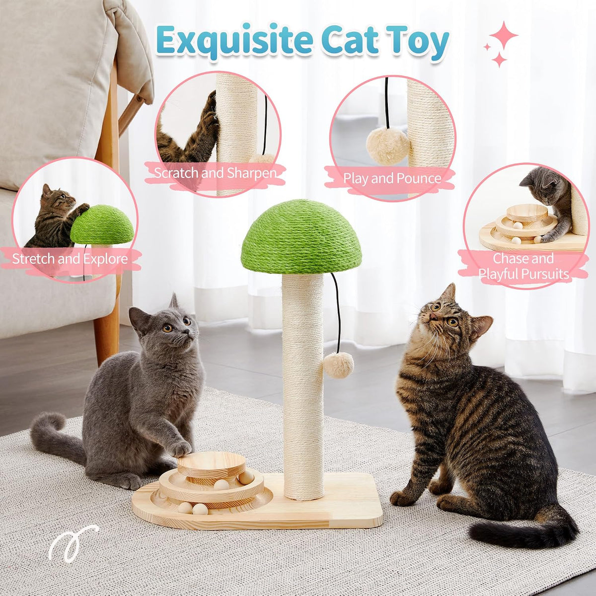Made4Pets 20" Mushroom Cat Scratcher, Sisal Post with Track Ball Toy, Green