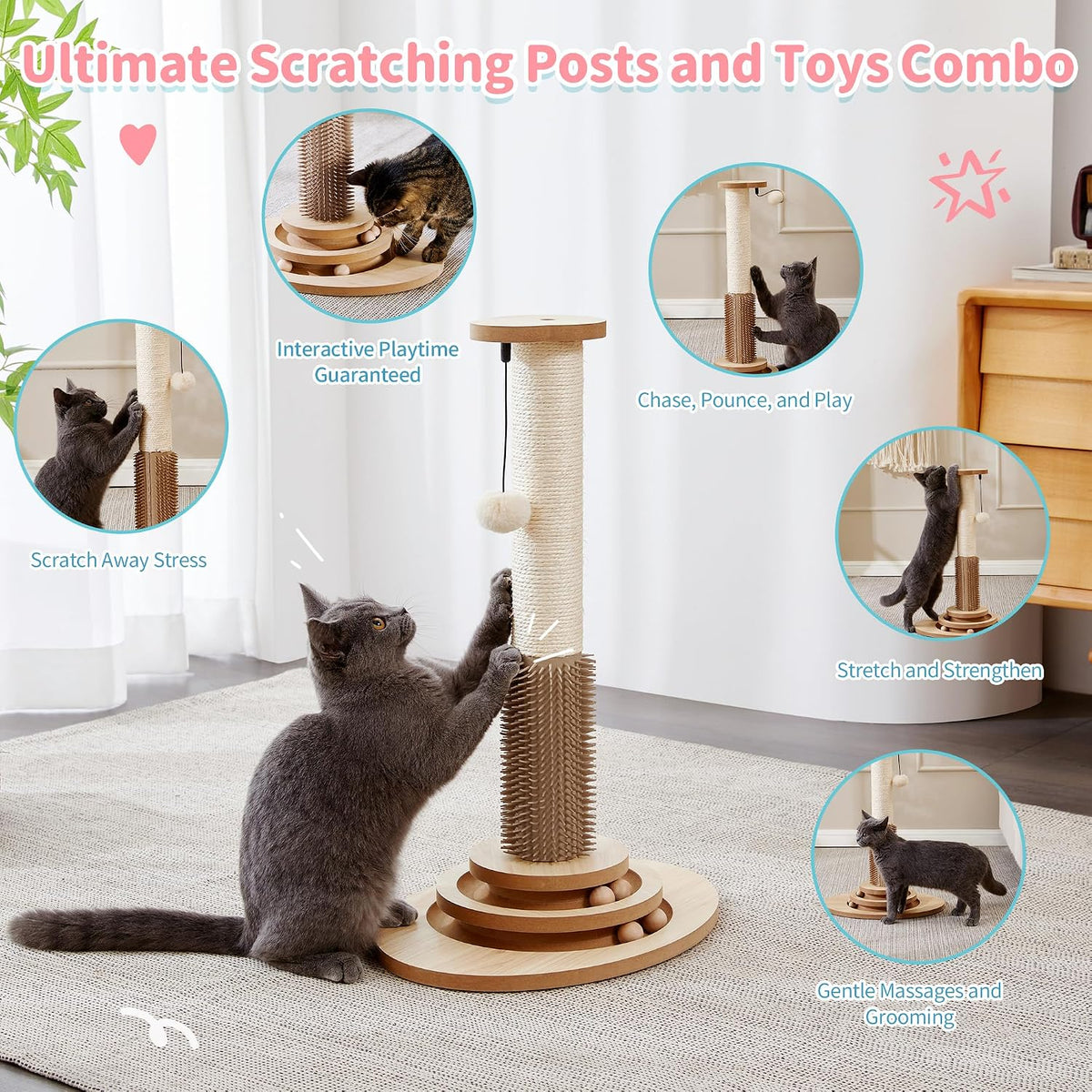 Made4Pets Cat Scratching Post, Self-Groomer with Trackball & Hair Brush