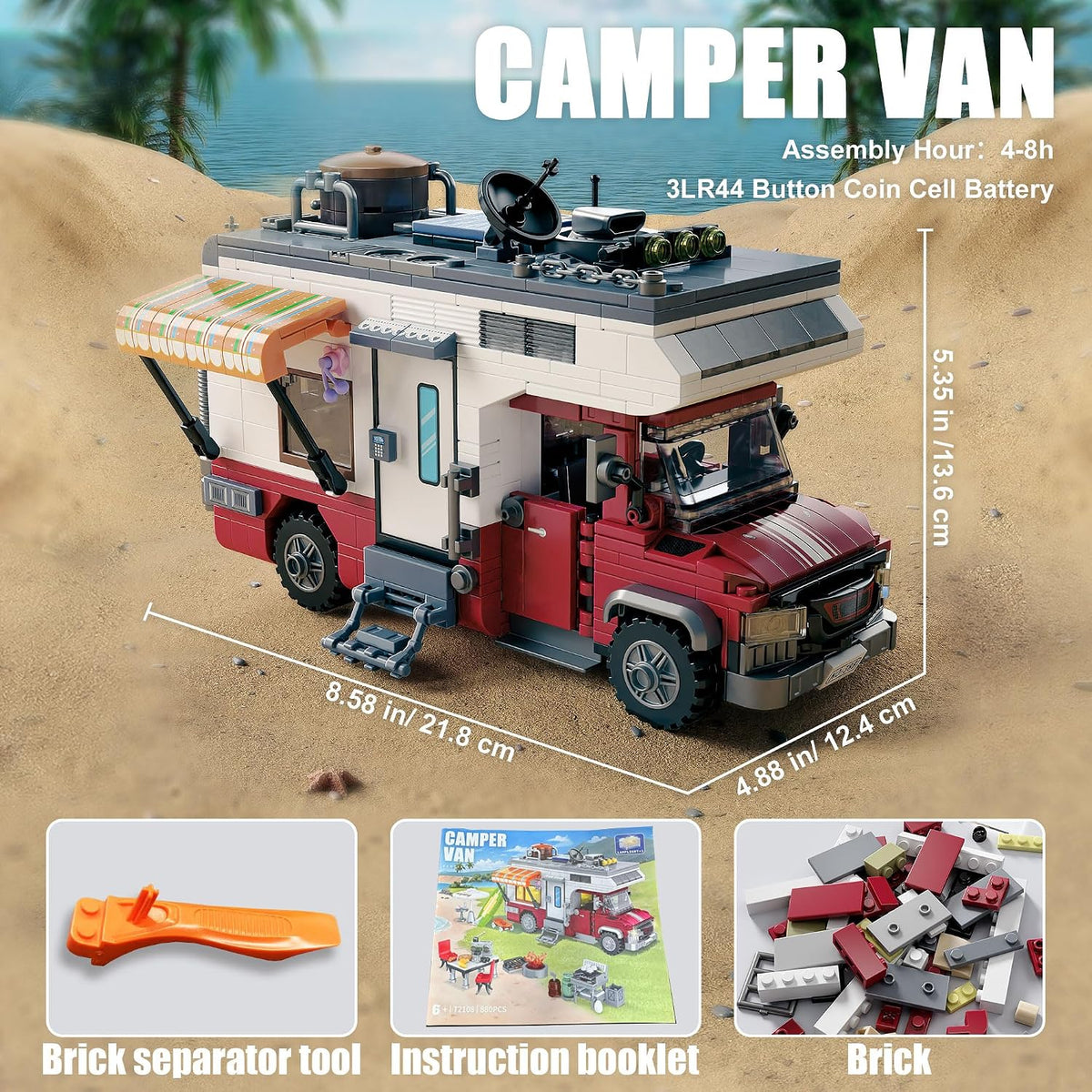 Camper Van Building Set, 880 PCS Beach Camping RV with LED Lights