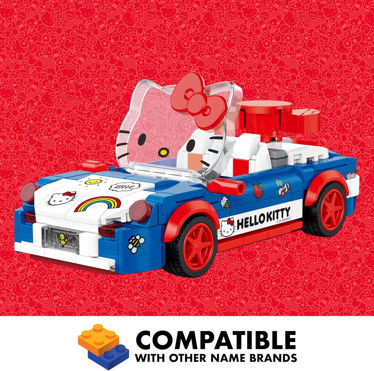 Sanrio Hello Kitty Convertible Car Building Set, 294-Piece Multicolor Brick Kit