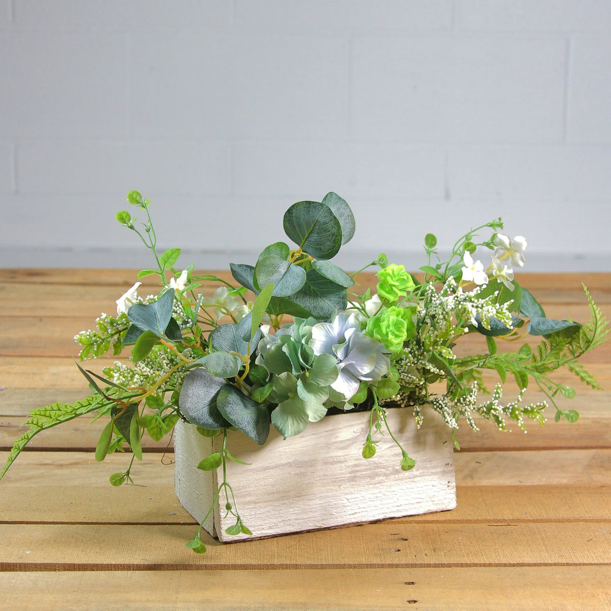 Hydrangea and Rose Artificial Floral Arrangement in Planter, 14", Blue and White
