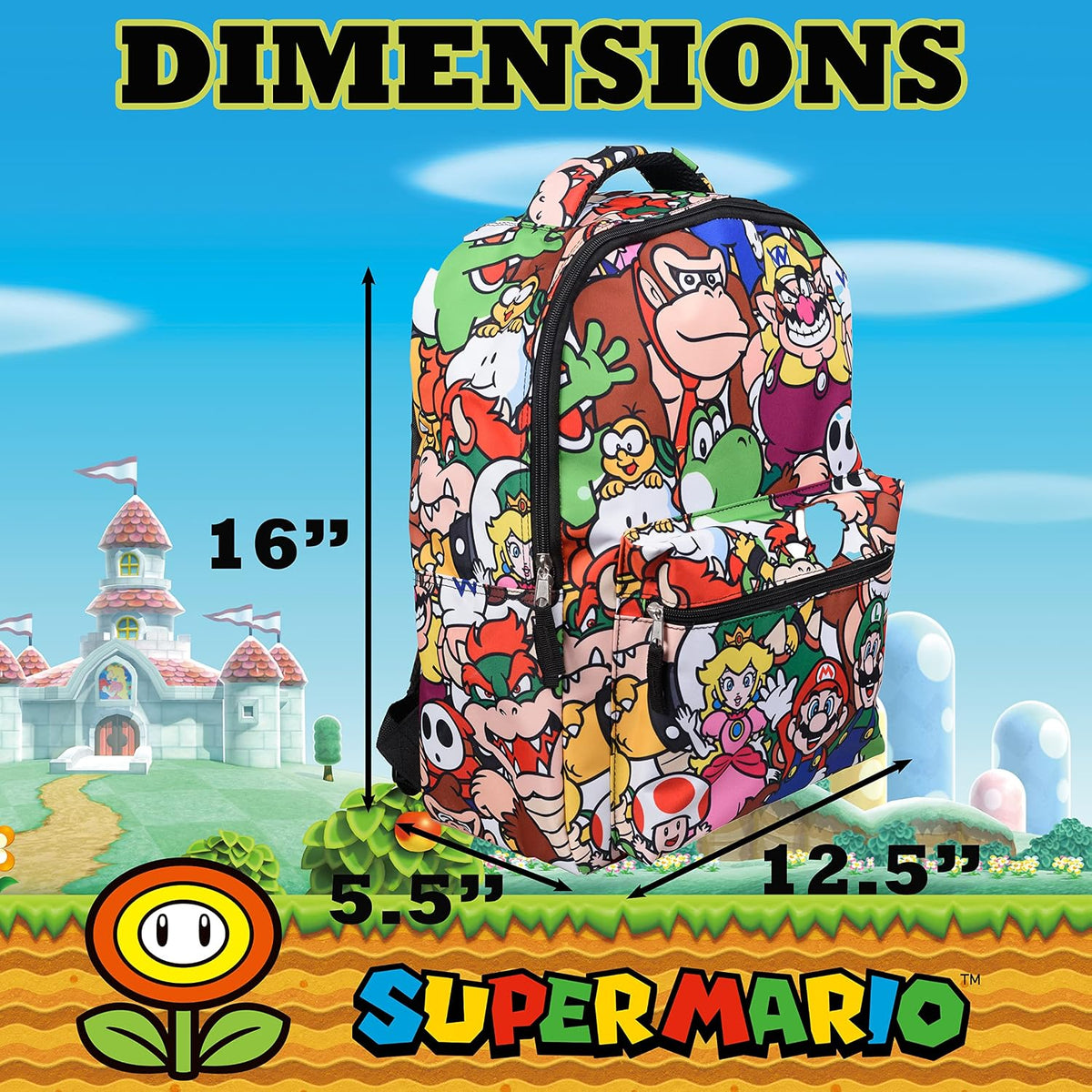 Nintendo Super Mario Backpack for Boys & Girls, Gaming School Bag with Front Pocket, Padded Back & Adjustable Mesh Straps
