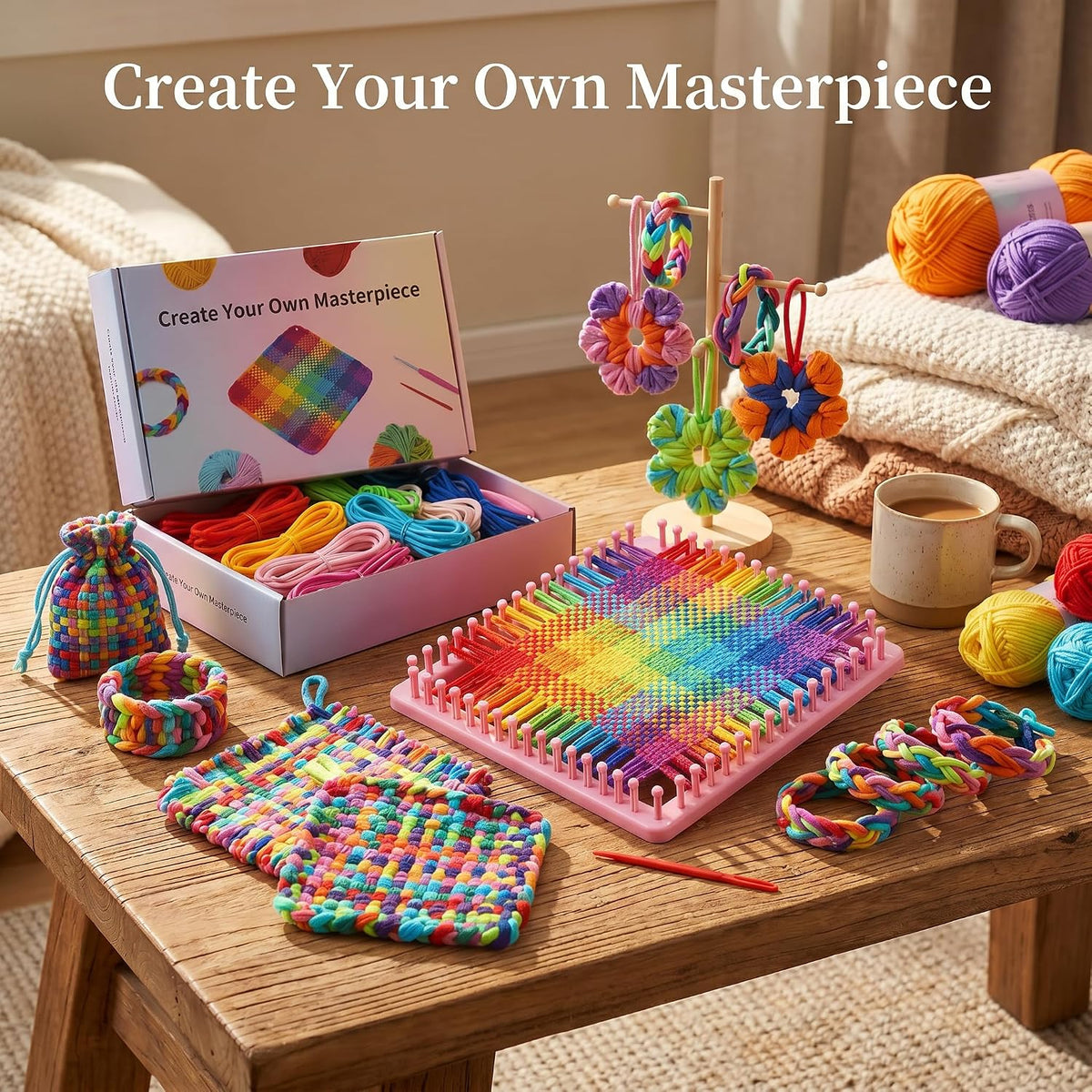 Weaving Loom Kit, DIY Potholder Knitting Kit with 192 Craft Loops for Beginners