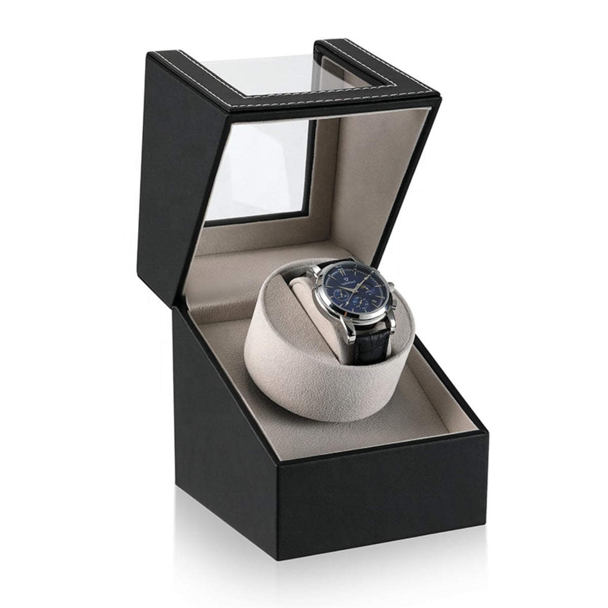 Single Watch Winder Box, Black PU Leather with Clear Window