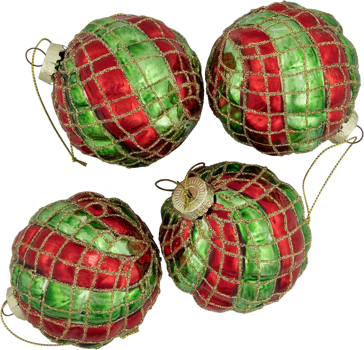 Glitter Lattice Striped Christmas Glass Ball Ornaments - 3" (80mm) - Red and Green - 4ct