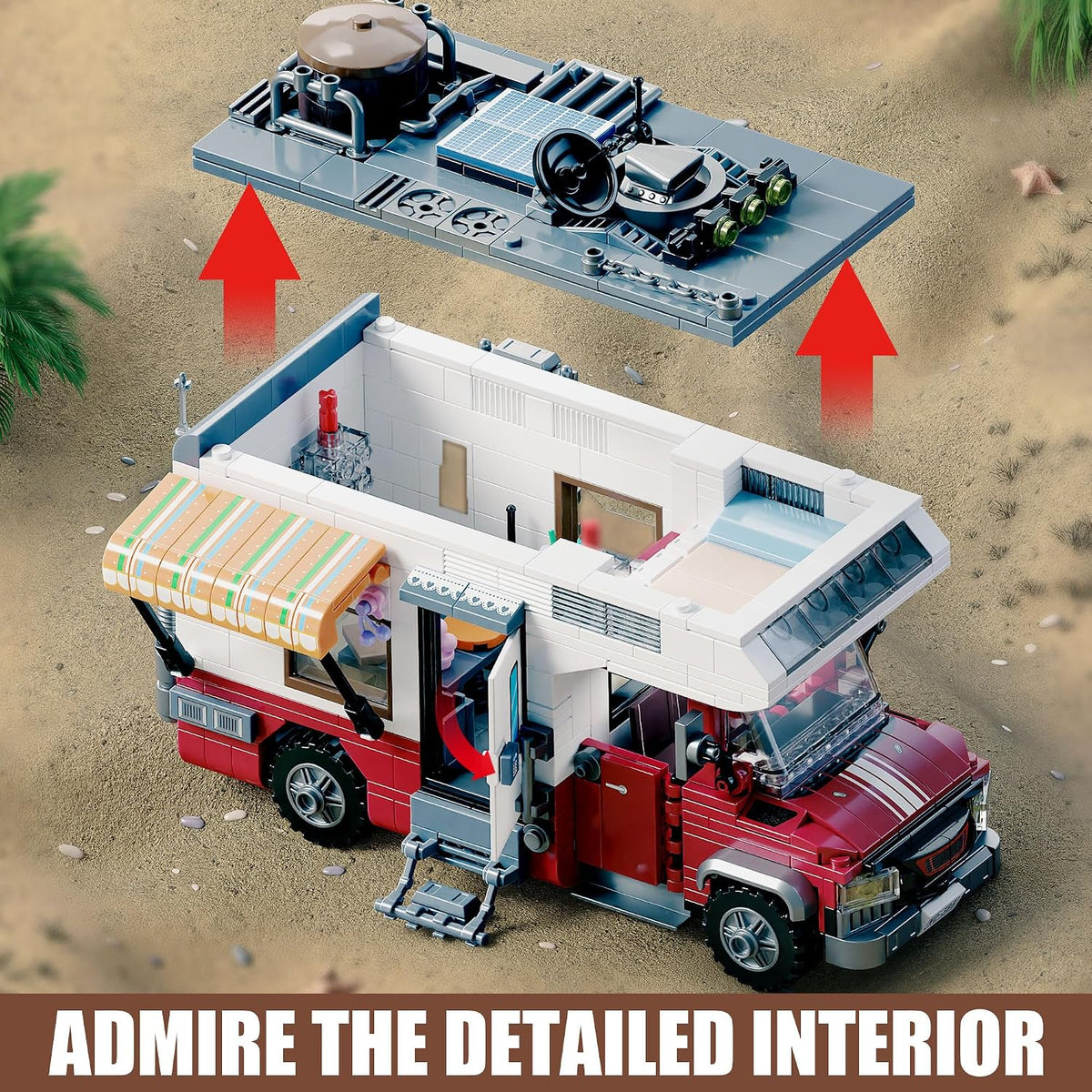 Camper Van Building Set, 880 PCS Beach Camping RV with LED Lights