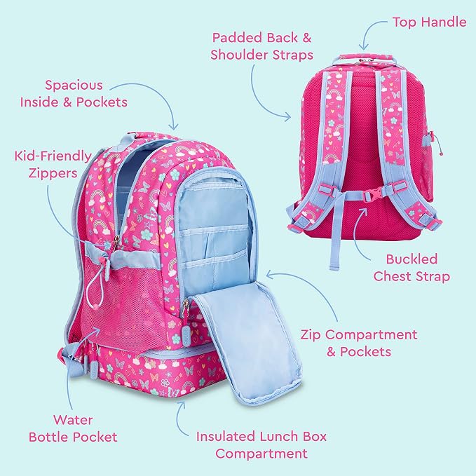 Kids 2-in-1 Backpack & Insulated Lunch Bag Set Water Bottle - New & Improved 2023 (Rainbows and Butterflies)