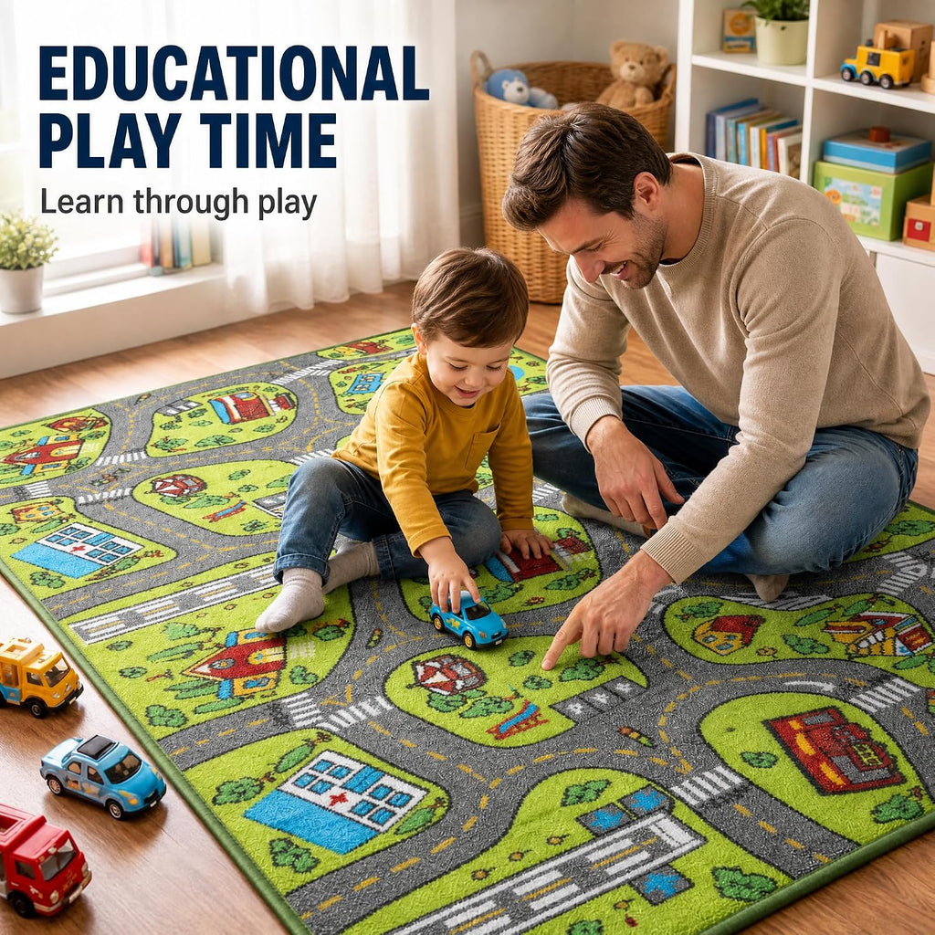 Car Rug, City Road Playmat, Town City Map Carpet, Ultra Non-Slip Washable Play Mat, 60" x 40"