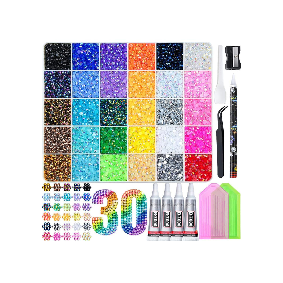 40,000 Pcs Resin Jelly AB Rhinestones Kit, 30 Colors 3mm (SS12) Flatback Rhinestone Set with B7000 Glue & Tools – 14-Facet Loose Gems for DIY Crafts, Nail Art, Tumblers, Shoes & Clothes