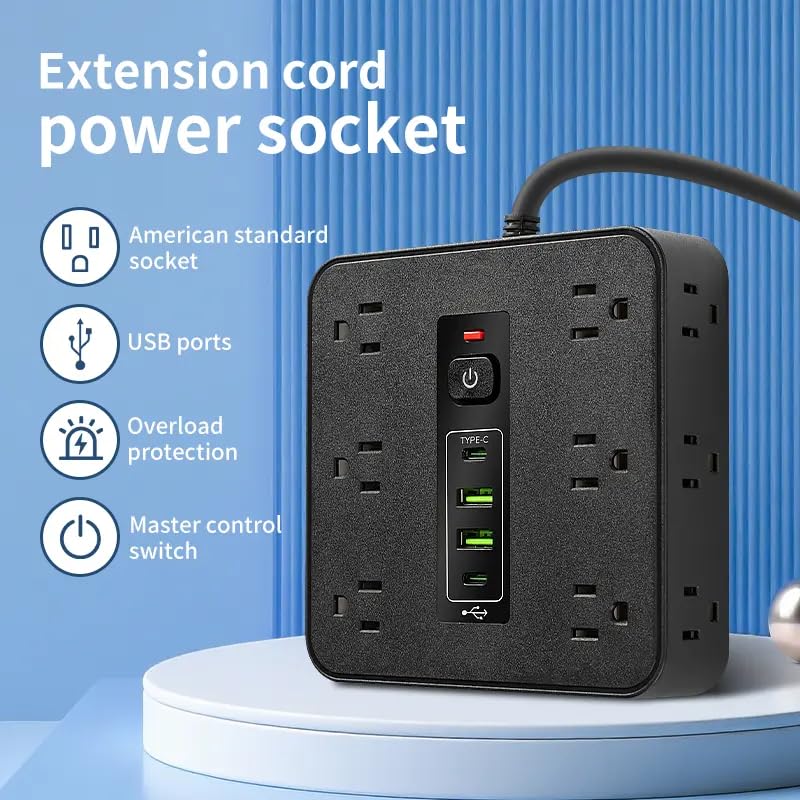 Surge Protector Power Strip - 12 Outlets with 4 USB Ports (1 USB C), 16-in-1 Extension Cord with 5ft Flat Plug