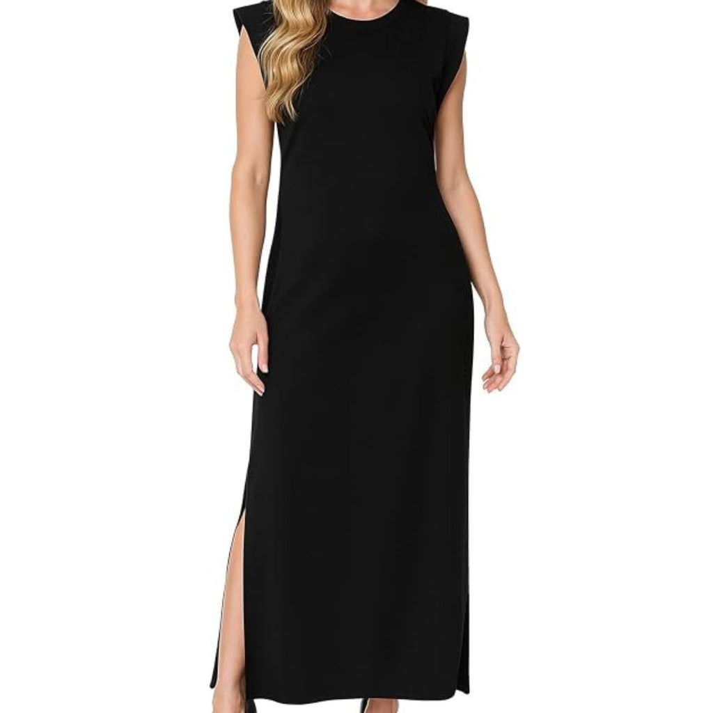 Women's Maxi Dress – Casual Round Neck Sleeveless Long Beach Dress with Side Split & Pockets, Cap Shoulder Accent, Soft Stretch Longline Sundress for Everyday Wear (Black, S)