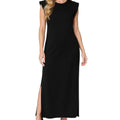 Women's Maxi Dress – Casual Round Neck Sleeveless Long Beach Dress with Side Split & Pockets, Cap Shoulder Accent, Soft Stretch Longline Sundress for Everyday Wear (Black, S)