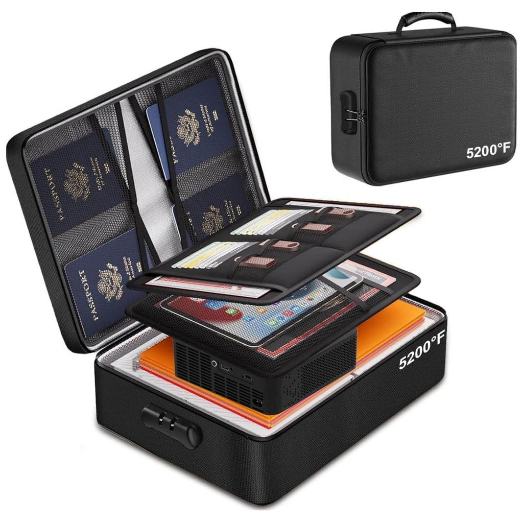 Fireproof Document Box with Lock, 8-Layer Thermal Insulated File Organizer Bag, Waterproof Leather Portable Safe Storage Box with 13 Pockets & Handle for Passports, Certificates, Laptop & Valuables
