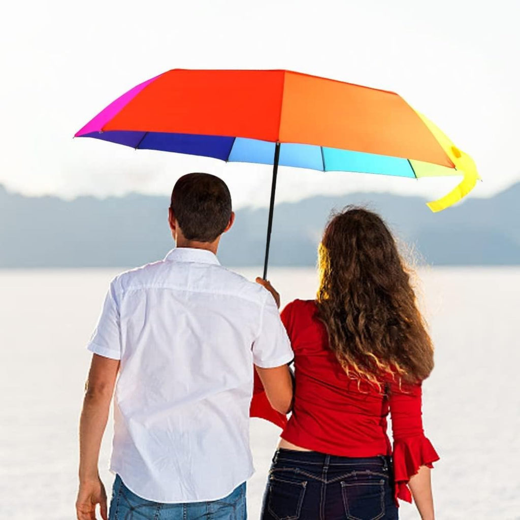 Rainbow Automatic Compact Travel Folding Umbrella - Large 44 Inch Canopy Arc, Windproof 9 Rib Fiberglass Frame, One-Touch Auto Open Close Portable Weather Shield for Men Women