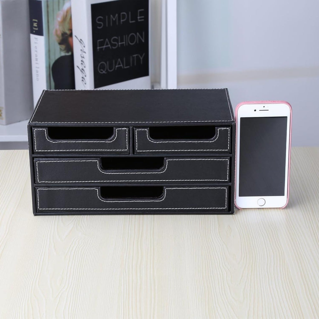 4-Drawer Leather Desktop Organizer Box, PU Leather Mini Storage Drawer Case, Office Desk Countertop Organizer Caddy for Stationery, Bills, Jewelry, Crafts, Accessories