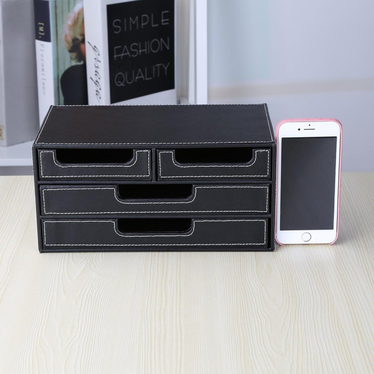 4-Drawer Leather Desktop Organizer Box, PU Leather Mini Storage Drawer Case, Office Desk Countertop Organizer Caddy for Stationery, Bills, Jewelry, Crafts, Accessories