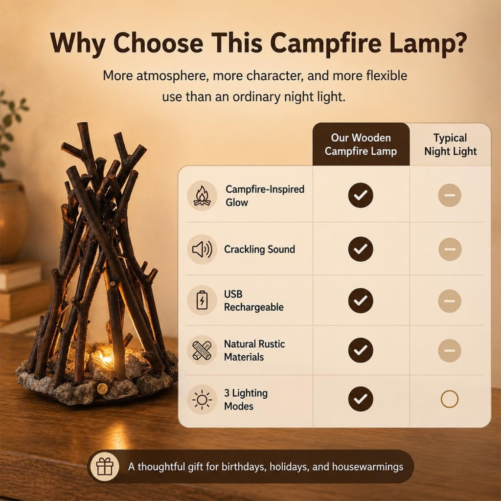 Dimmable Wooden Campfire Led Night Light, Handcrafted Forest Campfire Lamp