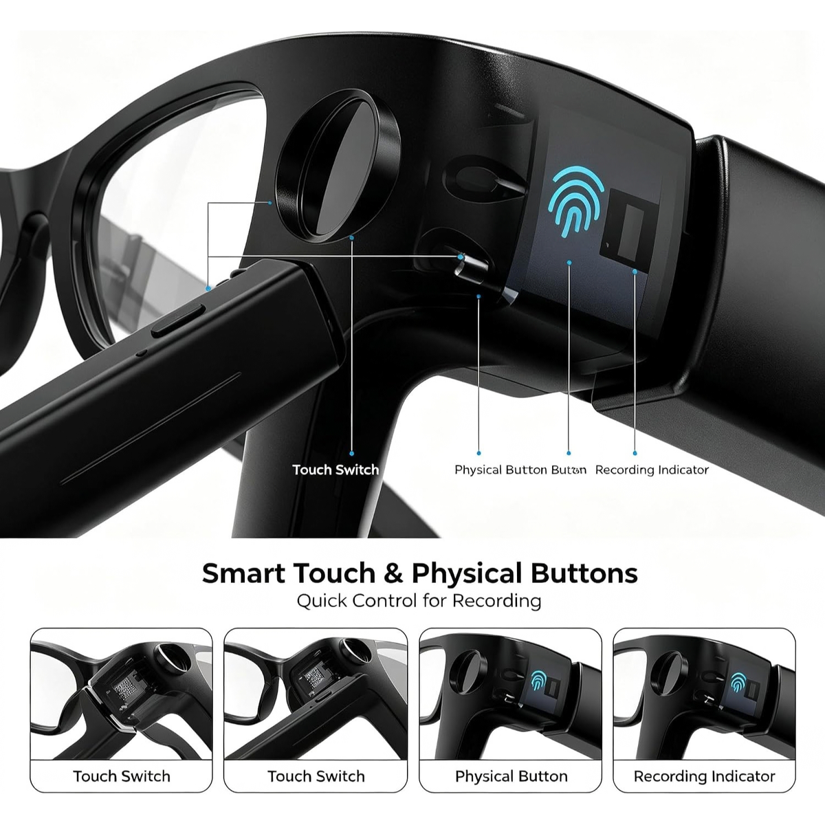 T200C Smart Glasses with Camera, 800W 1080P Video Recording, AI Stabilization