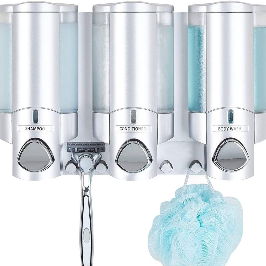 Better Living Products 3 Chamber Wall Mount Soap Dispenser - Triple Manual Liquid Pump for Shampoo, Conditioner & Shower Gel - Refillable Dispenser Set with Storage Hooks for Bathroom
