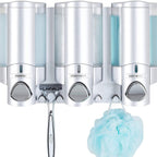Better Living Products 3 Chamber Wall Mount Soap Dispenser - Triple Manual Liquid Pump for Shampoo, Conditioner & Shower Gel - Refillable Dispenser Set with Storage Hooks for Bathroom