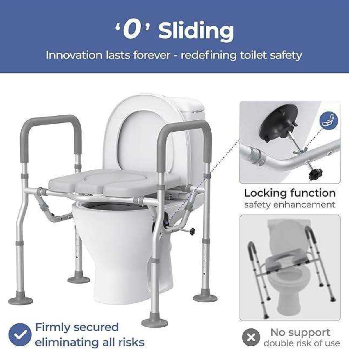 GAOBO Large Elevated Toilet Seat with Arms - Heavy Duty 400 lbs Aluminum Raised Toilet Seat Frame for Seniors, Handicap - 5 Height Adjustable Soft Padded Cushion Safety Rails, Post-Surgery Recovery