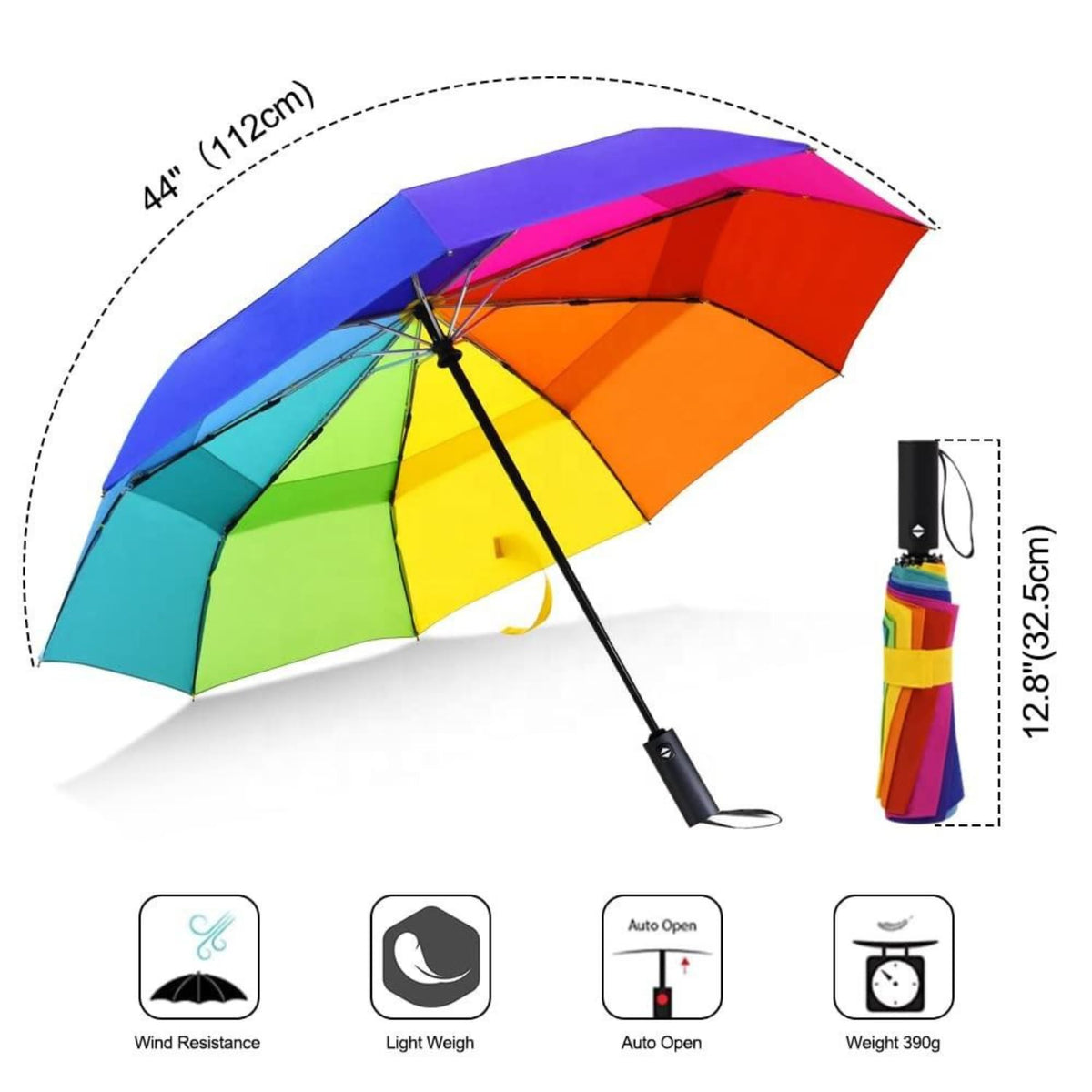 Rainbow Automatic Compact Travel Folding Umbrella - Large 44 Inch Canopy Arc, Windproof 9 Rib Fiberglass Frame, One-Touch Auto Open Close Portable Weather Shield for Men Women