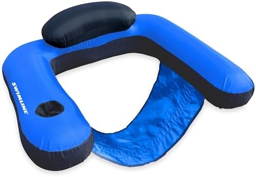 Fabric-Covered Inflatable Pool Lounger with Sling Seat, Backrest & Built-In Cup Holder for Pool, Beach & Lake