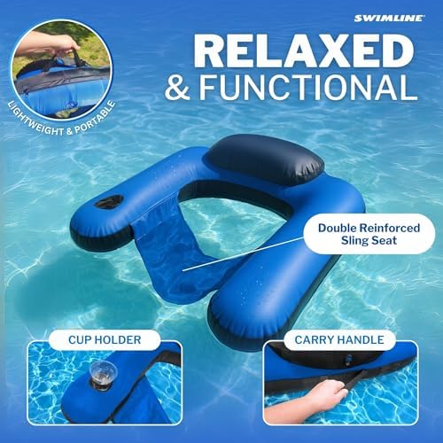 Fabric-Covered Inflatable Pool Lounger with Sling Seat, Backrest & Built-In Cup Holder for Pool, Beach & Lake