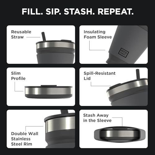 Collapsible Insulated Tumbler 16oz, Reusable Coffee Cup with Straw