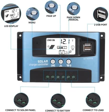 Gugxiom 100A Solar Charge Controller, 12V/24V Adaptive MPPT Tracking Charging Solar Charger Controller with LCD Display, 3 Stage Charging Dual USB Solar Panel Controller(100A)