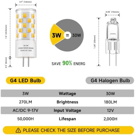 3W LED G4 Bi-pin Bulb 12V AC/DC 2700K/3000K/4000K 3CCT 270LM(6 Pack)