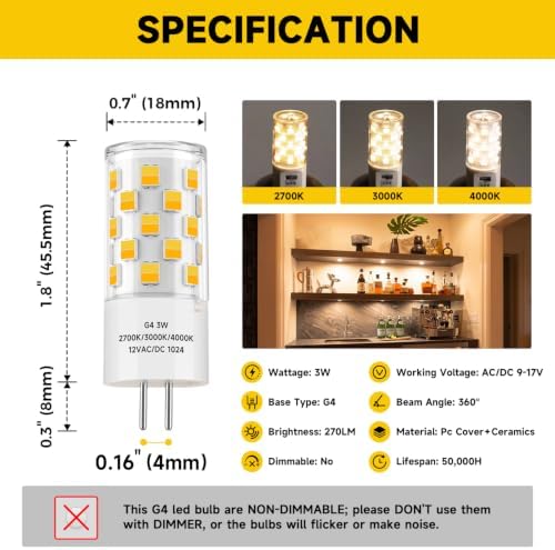 3W LED G4 Bi-pin Bulb 12V AC/DC 2700K/3000K/4000K 3CCT 270LM(6 Pack)