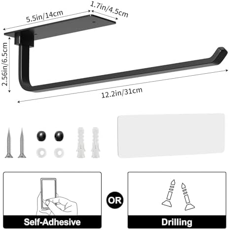 Paper Towel Holder Under Cabinet, Self-Adhesive or Drilling, Matte Black