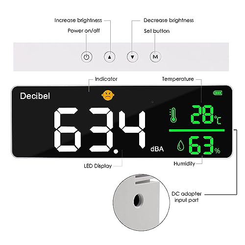 Decibel Meter, Wall Hanging Sound Level Meter, Noise Decibel Meter, 3 in 1 Noise Temperature Humidity Meter, 30 to 130dB Range, with 11in Large LED Display Screen, for Classroom