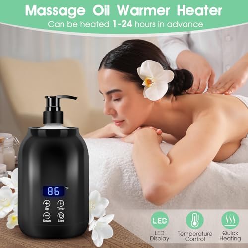 Massage Oil Warmer, LED Display Single Bottle Pro Massage Heater, Temperature Control Oil Heater for Massage with 2 Oil Bottle Dispenser, for Lotion Cream (US Plug)