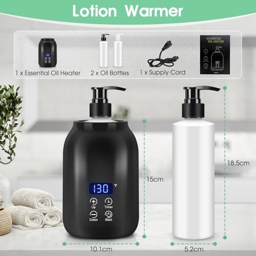 Massage Oil Warmer, LED Display Single Bottle Pro Massage Heater, Temperature Control Oil Heater for Massage with 2 Oil Bottle Dispenser, for Lotion Cream (US Plug)
