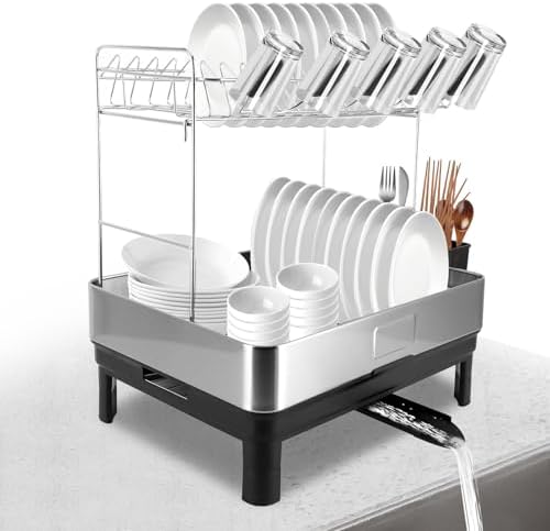 Gugxiom 2 Tier Dish Drying Rack, 304 Stainless Steel Dish Drainer for Kitchen Counter, Extra Large Dish Rack with 360° Rotatable Drain Spout & Cup Holder