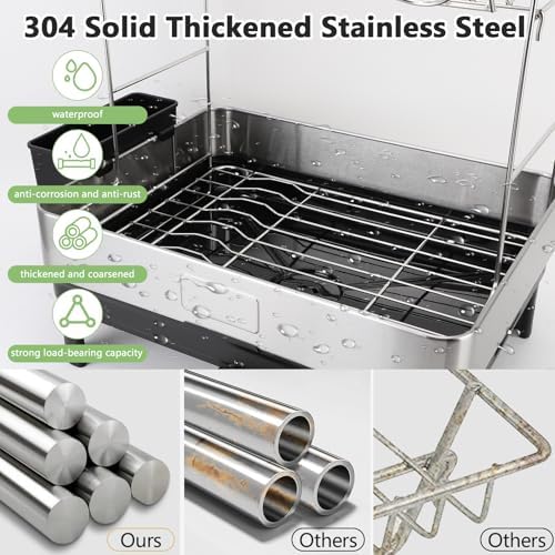 Gugxiom 2 Tier Dish Drying Rack, 304 Stainless Steel Dish Drainer for Kitchen Counter, Extra Large Dish Rack with 360° Rotatable Drain Spout & Cup Holder