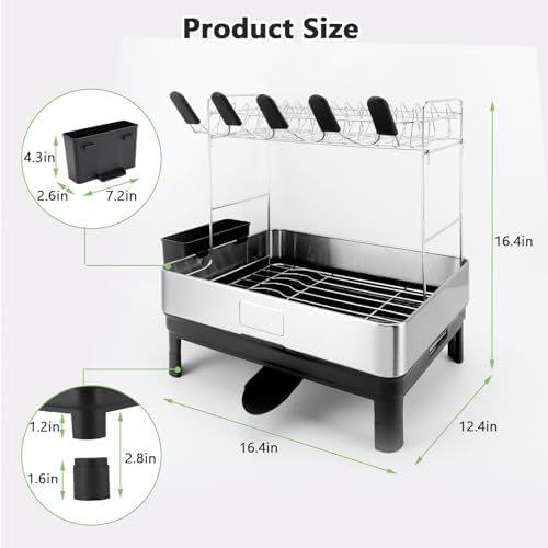 Gugxiom 2 Tier Dish Drying Rack, 304 Stainless Steel Dish Drainer for Kitchen Counter, Extra Large Dish Rack with 360° Rotatable Drain Spout & Cup Holder