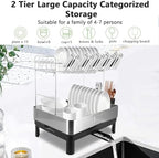 Gugxiom 2 Tier Dish Drying Rack, 304 Stainless Steel Dish Drainer for Kitchen Counter, Extra Large Dish Rack with 360° Rotatable Drain Spout & Cup Holder