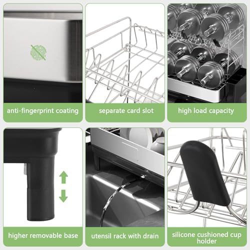 Gugxiom 2 Tier Dish Drying Rack, 304 Stainless Steel Dish Drainer for Kitchen Counter, Extra Large Dish Rack with 360° Rotatable Drain Spout & Cup Holder