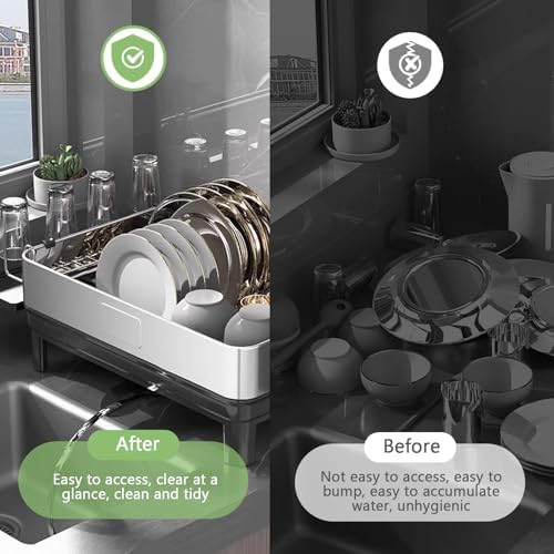 Gugxiom 2 Tier Dish Drying Rack, 304 Stainless Steel Dish Drainer for Kitchen Counter, Extra Large Dish Rack with 360° Rotatable Drain Spout & Cup Holder