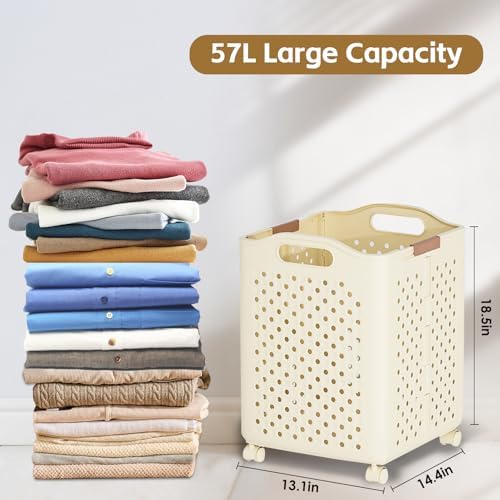 57L Foldable Collapsible Laundry Basket, with Wheels+Handles(Pearl White)