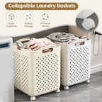 57L Foldable Collapsible Laundry Basket, with Wheels+Handles(Pearl White)