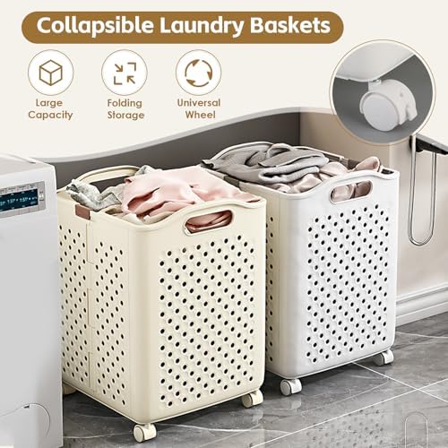57L Foldable Collapsible Laundry Basket, with Wheels+Handles(Pearl White)