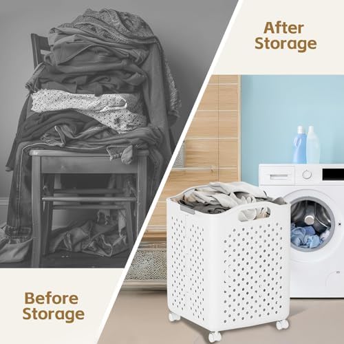 57L Foldable Collapsible Laundry Basket, with Wheels+Handles(Pearl White)