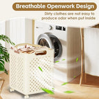 57L Foldable Collapsible Laundry Basket, with Wheels+Handles(Pearl White)