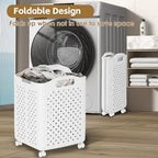 57L Foldable Collapsible Laundry Basket, with Wheels+Handles(Pearl White)