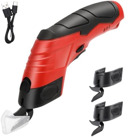 Cordless Electric Scissors, 4.2V Cardboard Cutter with 3 Self-sharpening Cutter Blades, Rechargeable Super Scissors with Safety Lock, for Fabric Cardboard Carpet Leather Felt (3pcs blades red)