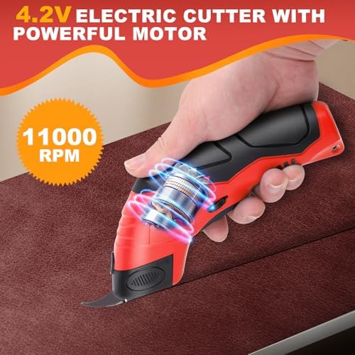 Cordless Electric Scissors, 4.2V Cardboard Cutter with 3 Self-sharpening Cutter Blades, Rechargeable Super Scissors with Safety Lock, for Fabric Cardboard Carpet Leather Felt (3pcs blades red)